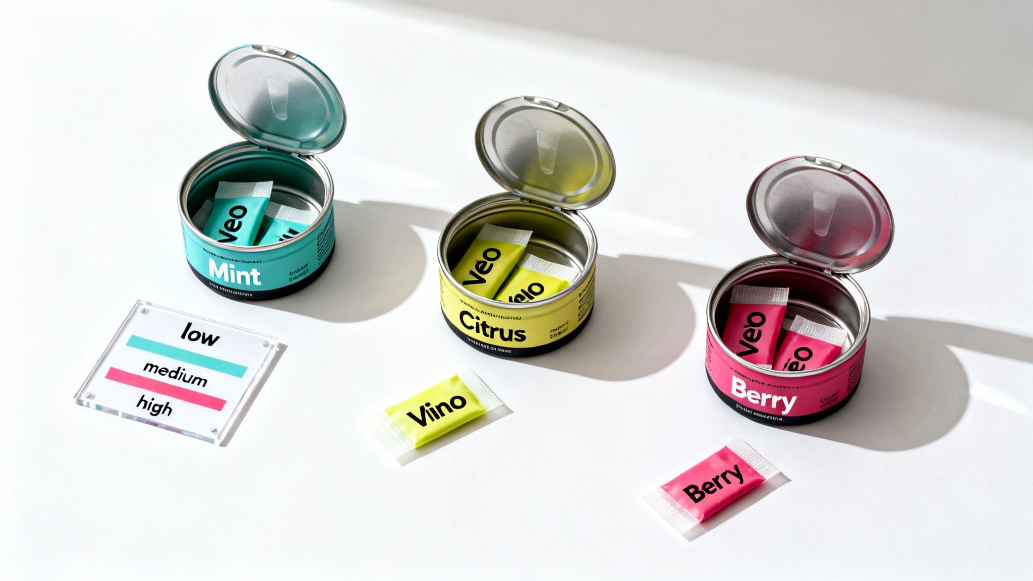 Three open tins of Veo nicotine pouches in mint, citrus, and berry flavors, with a strength indicator.