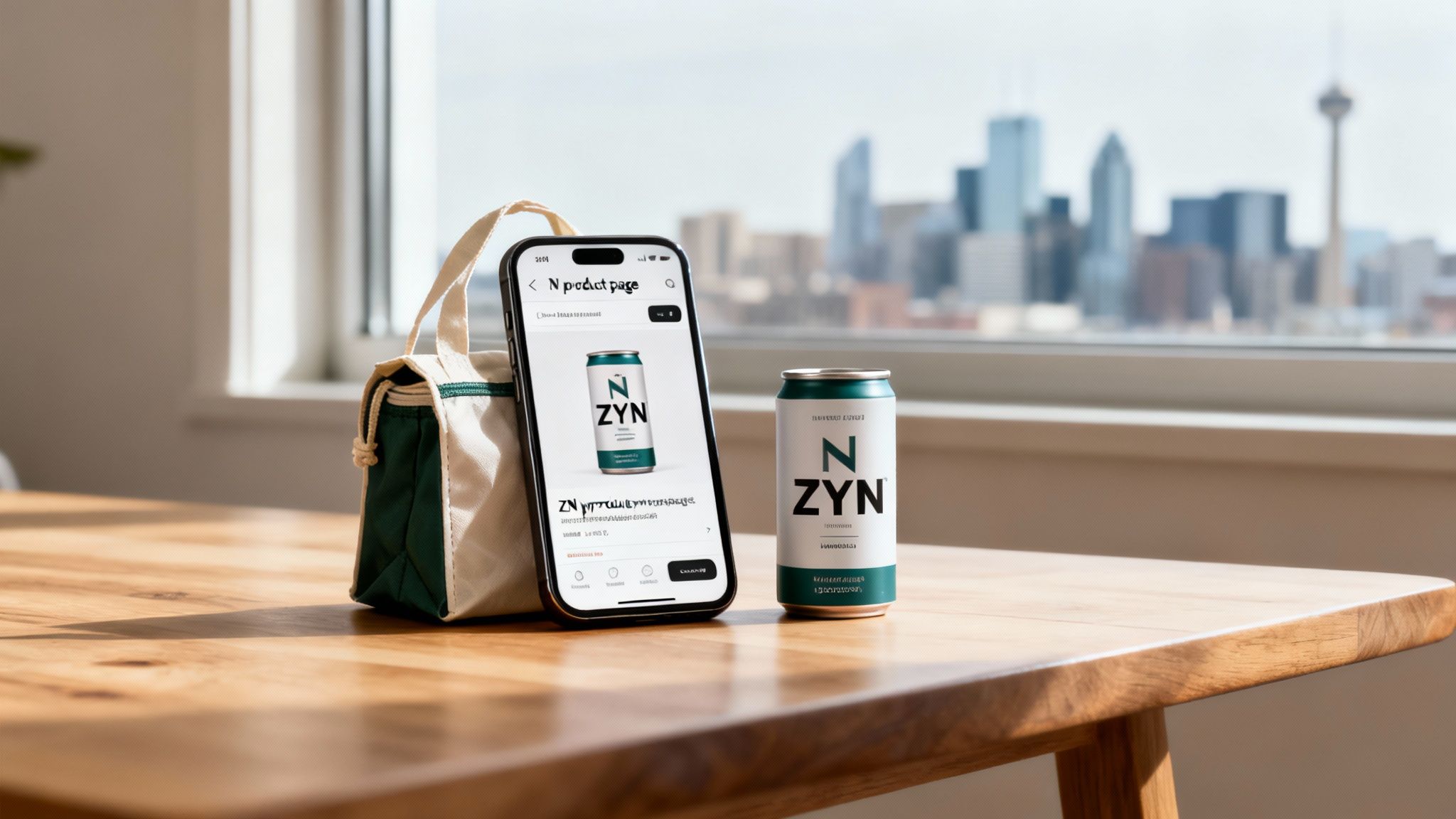 A ZYN can and a smartphone displaying its product page rest on a wooden table, against a city backdrop.