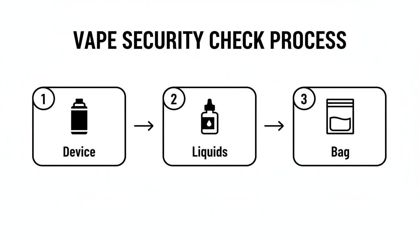 Diagram illustrating the vape security check process, showing steps for device, liquids, and bagging.