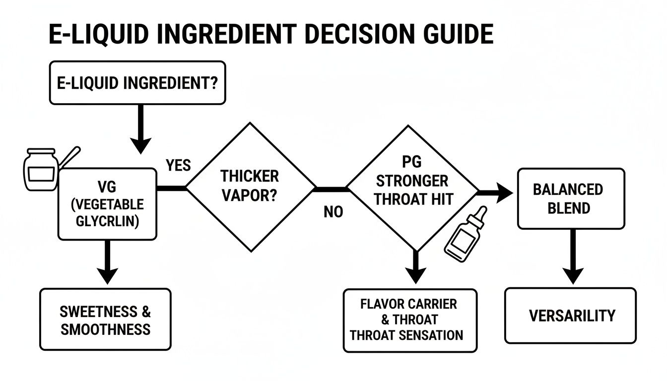 Flowchart guiding e-liquid ingredient choices between VG and PG for vapor, sweetness, and throat hit.