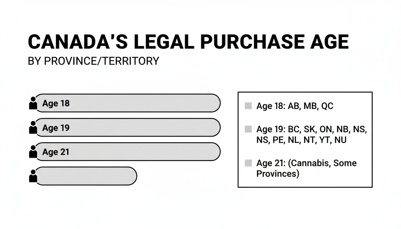 Infographic showing Canada's legal purchase age (18, 19, 21) across provinces and territories.