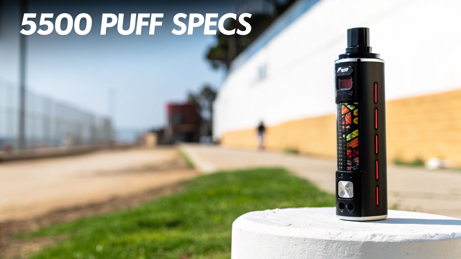 A black vape device with a colorful screen, labeled '5500 Puff Specs', stands on concrete outdoors.