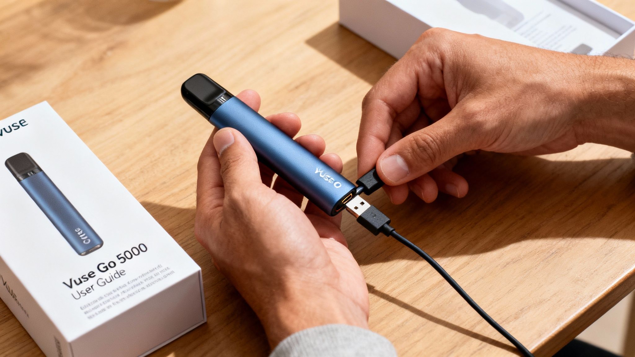 A person's hands connect a charging cable to a blue Vuse Go 5000 vape device on a wooden table.