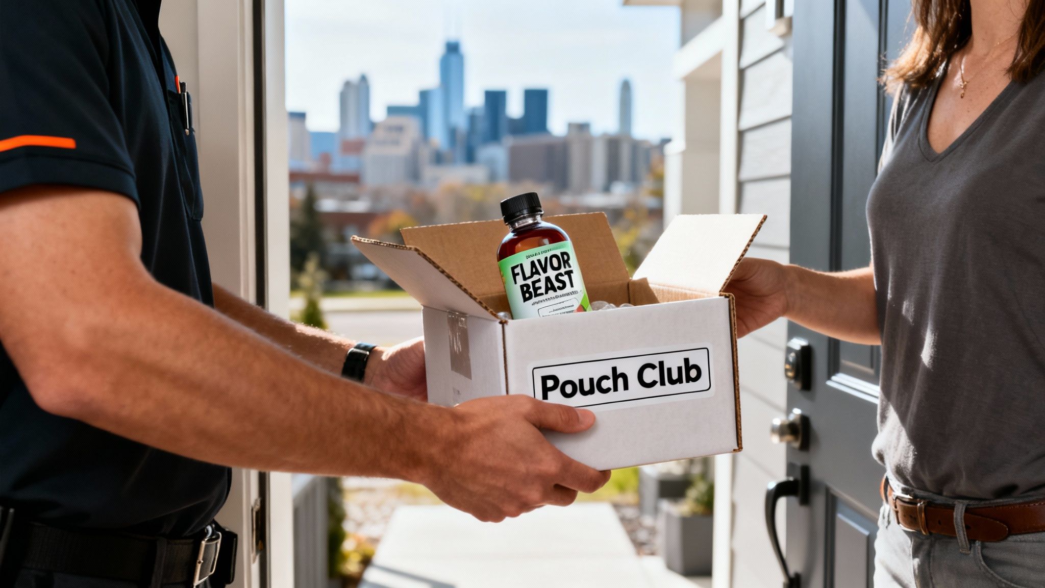 A delivery person hands a 'Pouch Club' package with a 'Flavor Beast' bottle to a customer at their door.