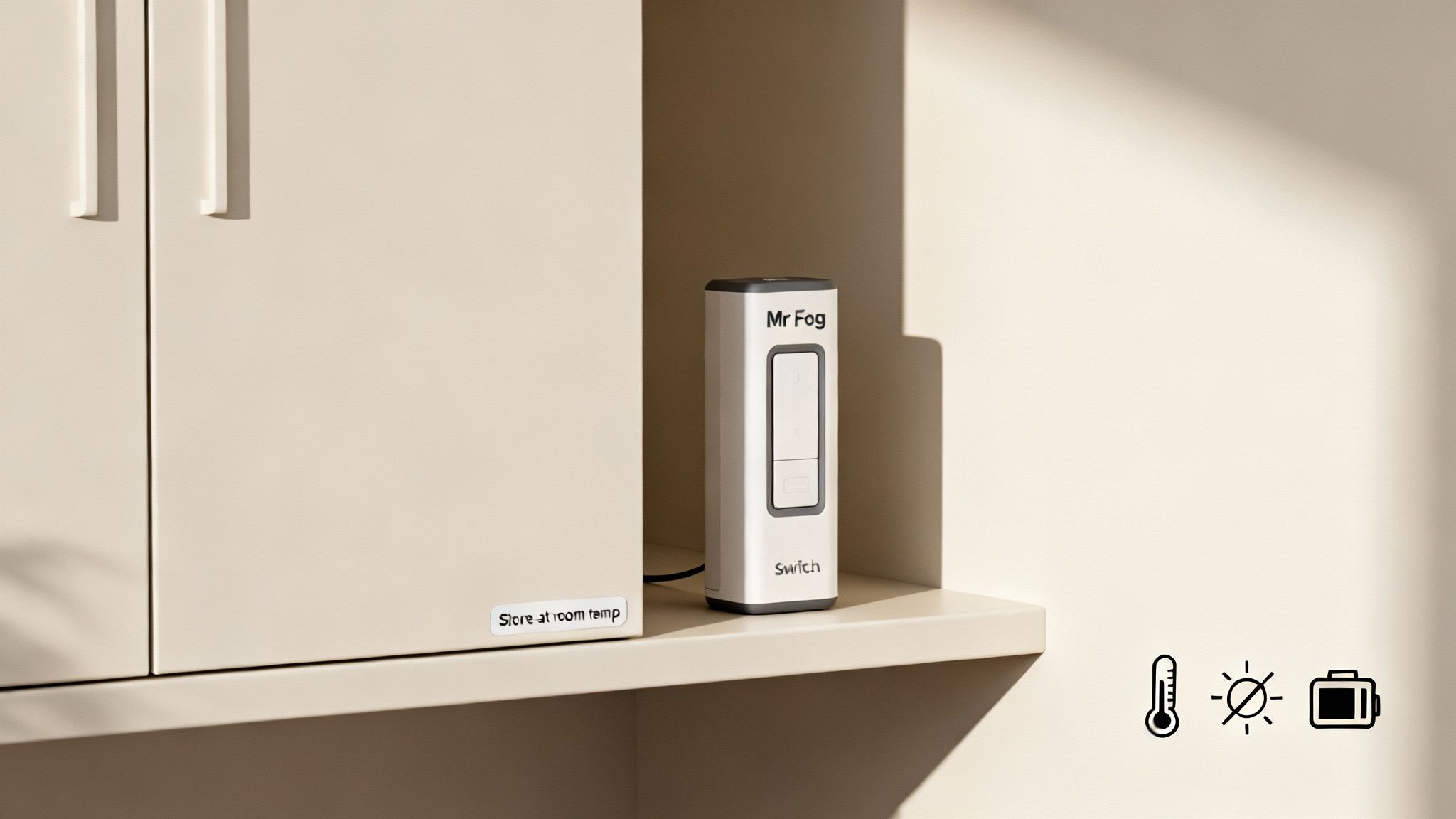 A Mr Fog Switch device on a light shelf, next to a cabinet with a 'Store at room temp' label.