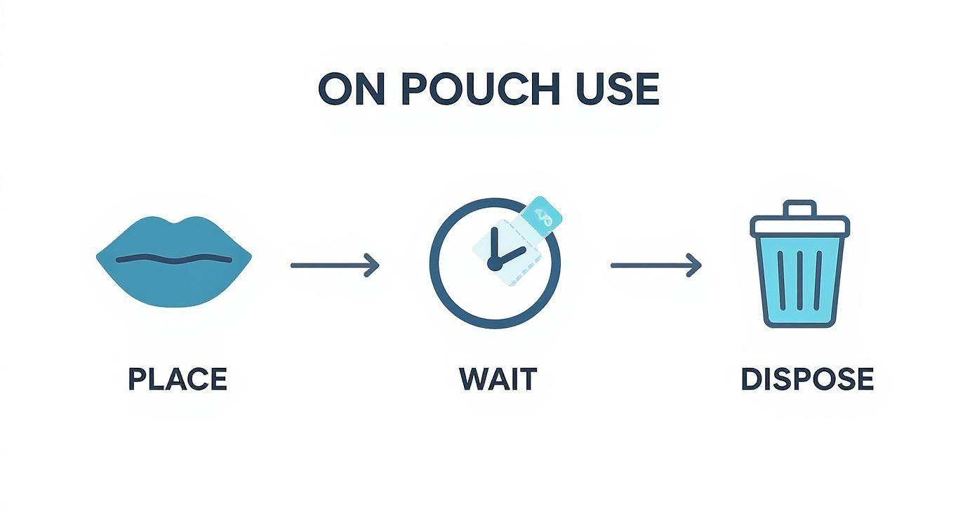 A visual guide illustrating three steps for using a pouch: place, wait, and dispose.
