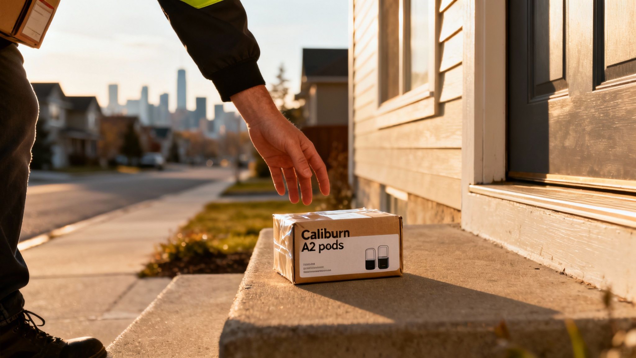 A delivery person places a package labeled 'Caliburn A2 pods' on a concrete doorstep.