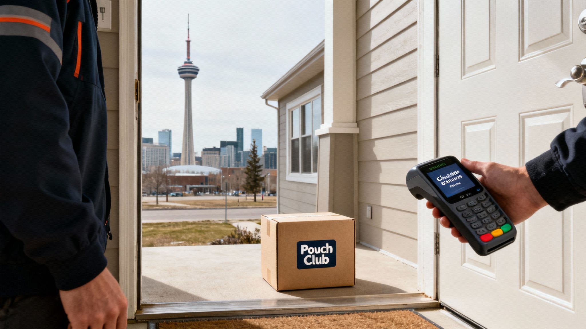 A delivery person holds a payment terminal at an open door, with a package and city skyline visible.
