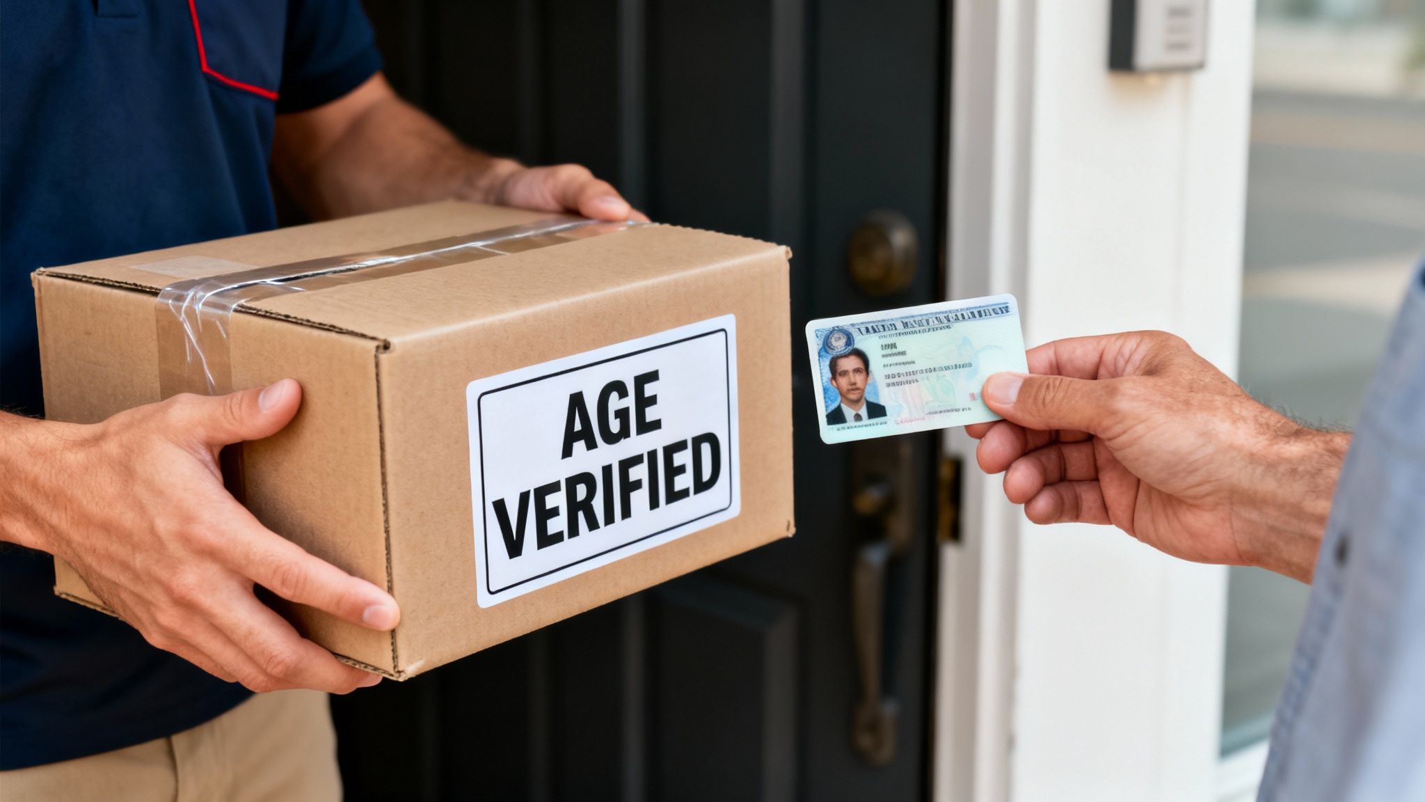 A delivery person holds an "AGE VERIFIED" package while a customer presents an ID card.