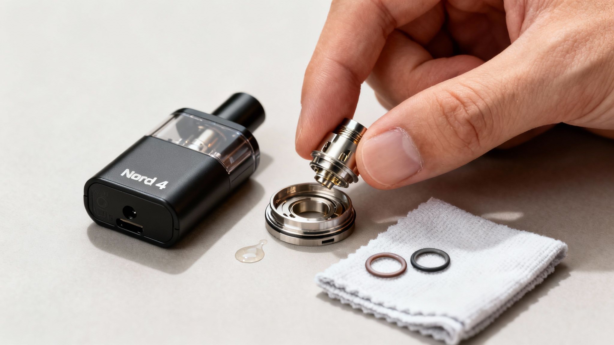 A person's hand replaces a vape coil in a black Nord 4 pod system, with e-liquid and O-rings visible.
