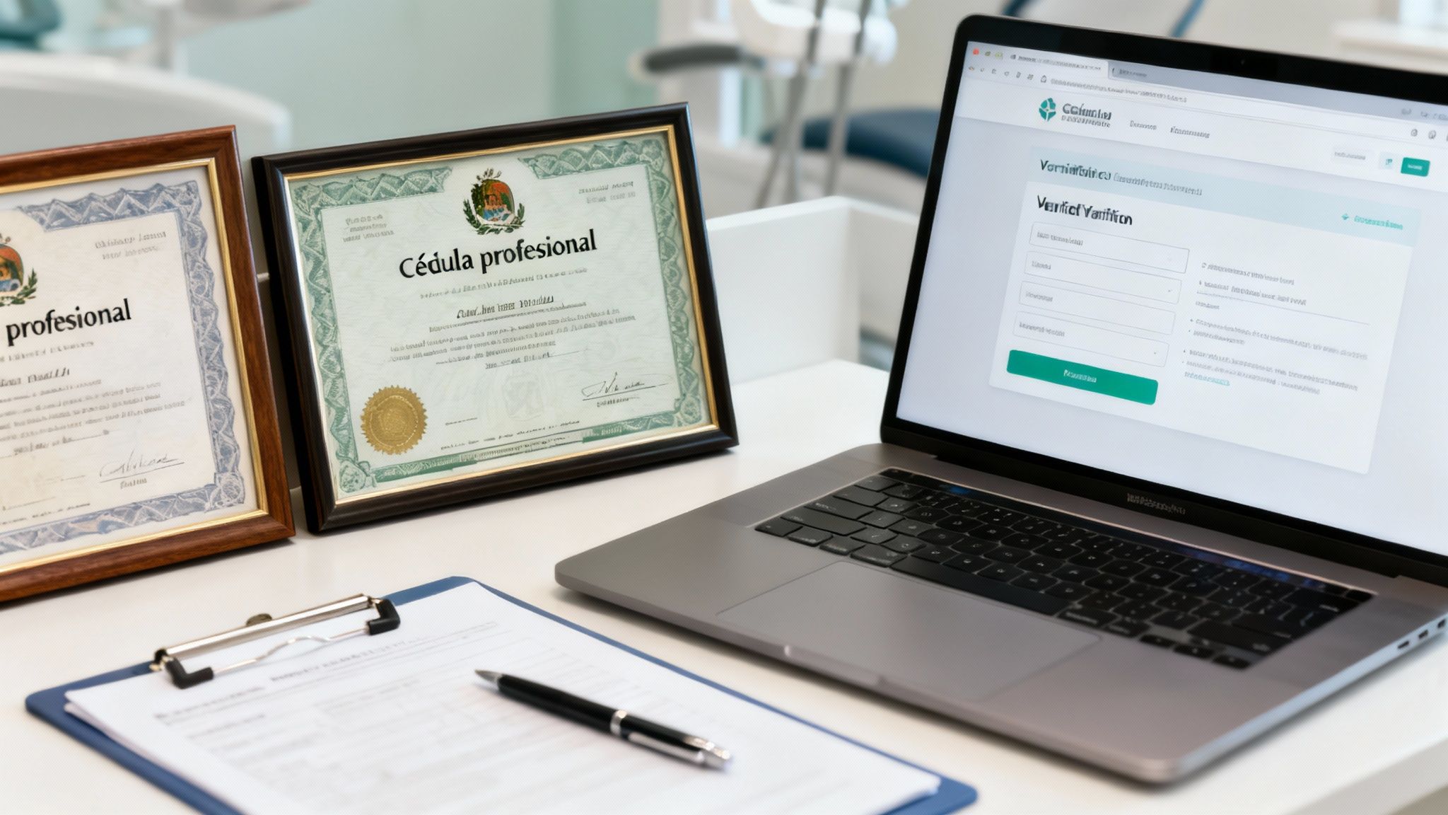 Framed professional certificates and a laptop showing an online verification portal, alongside a clipboard and pen.