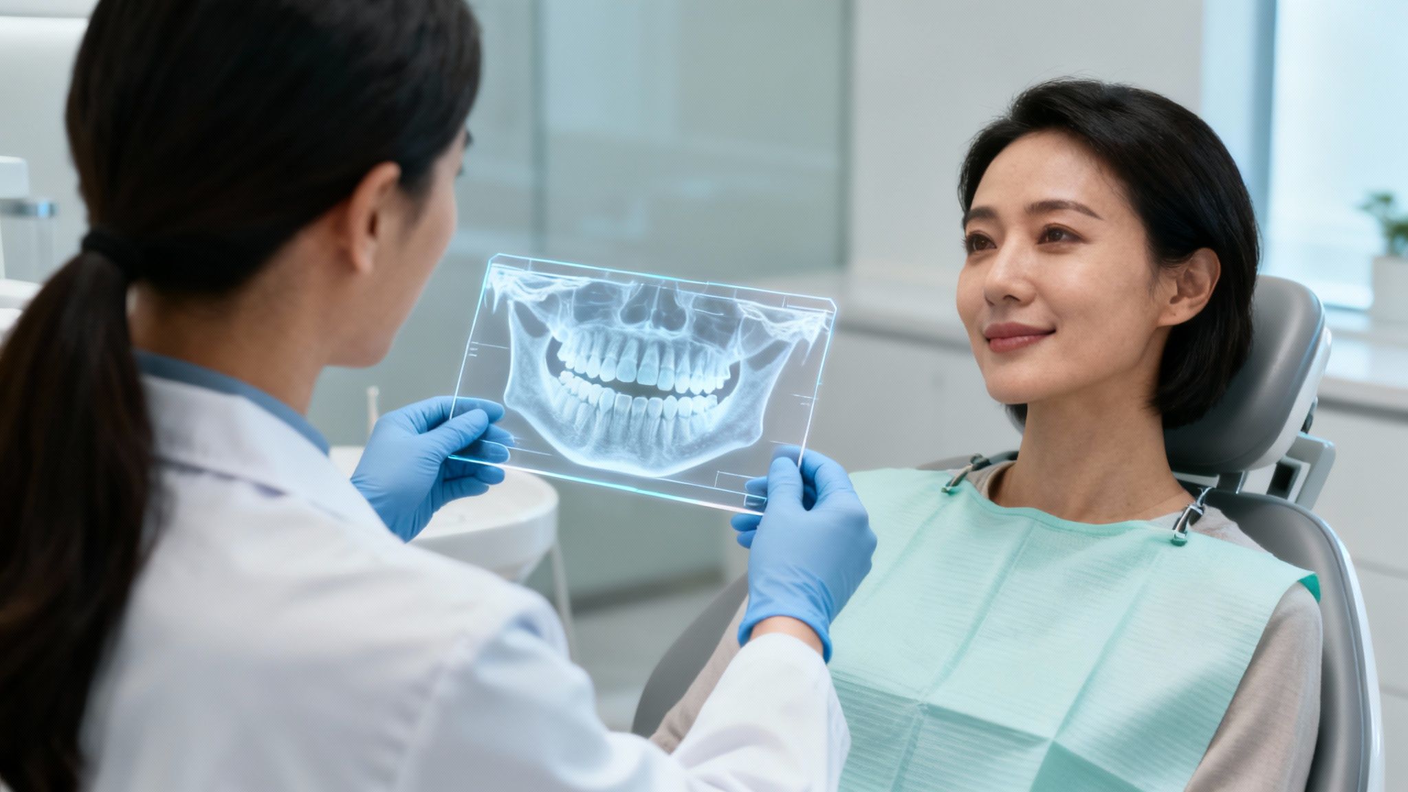 A dentist explaining a dental treatment plan to a patient in a modern San Diego clinic.