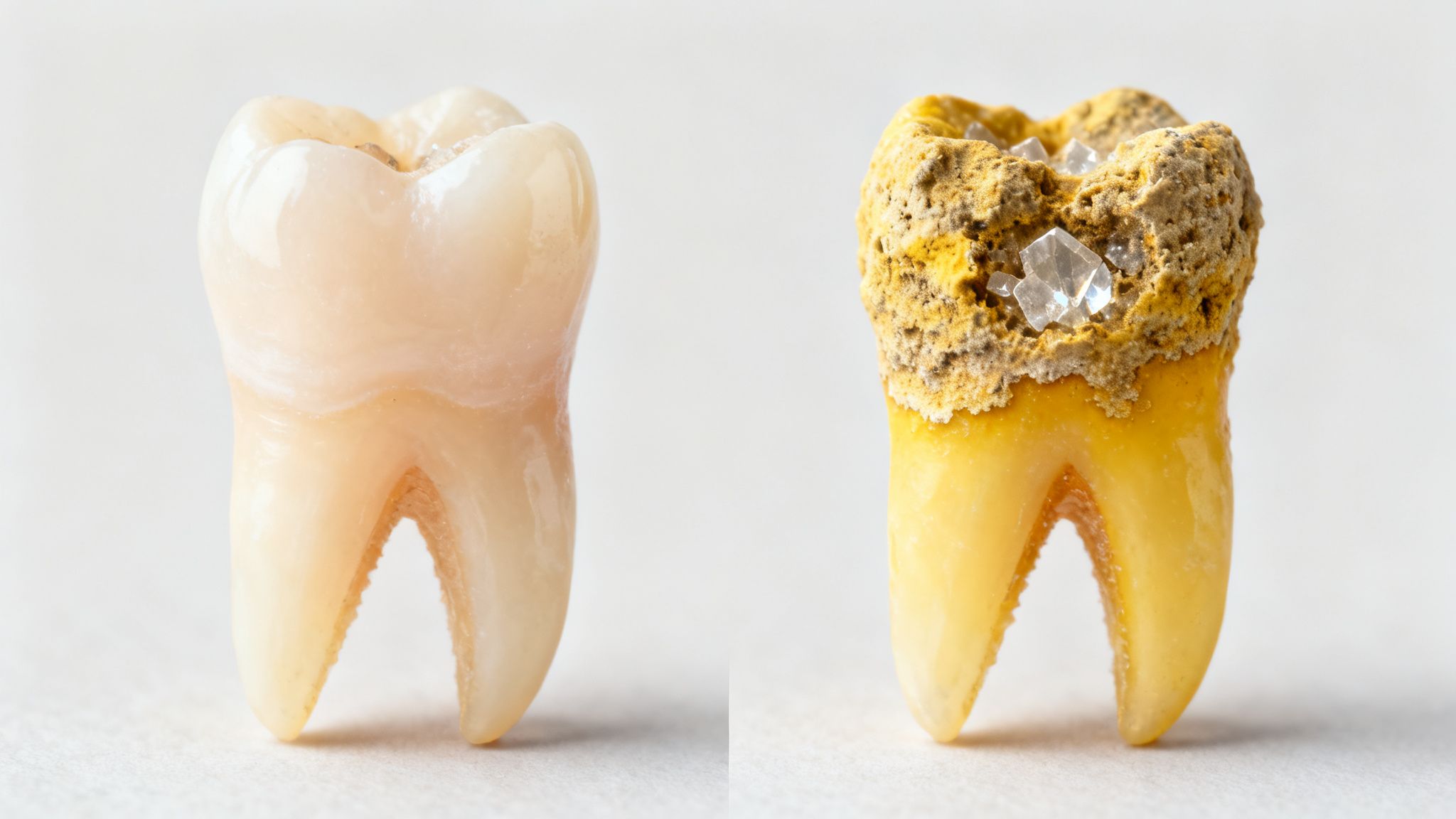 Side-by-side comparison of a clean, healthy tooth and a tooth with heavy plaque and tartar buildup.