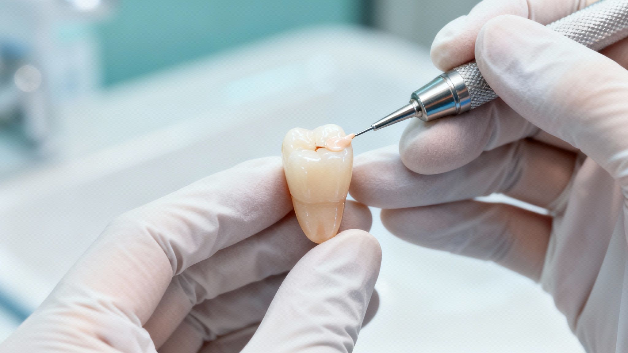 Dentist applying dental bonding resin to a chipped front tooth
