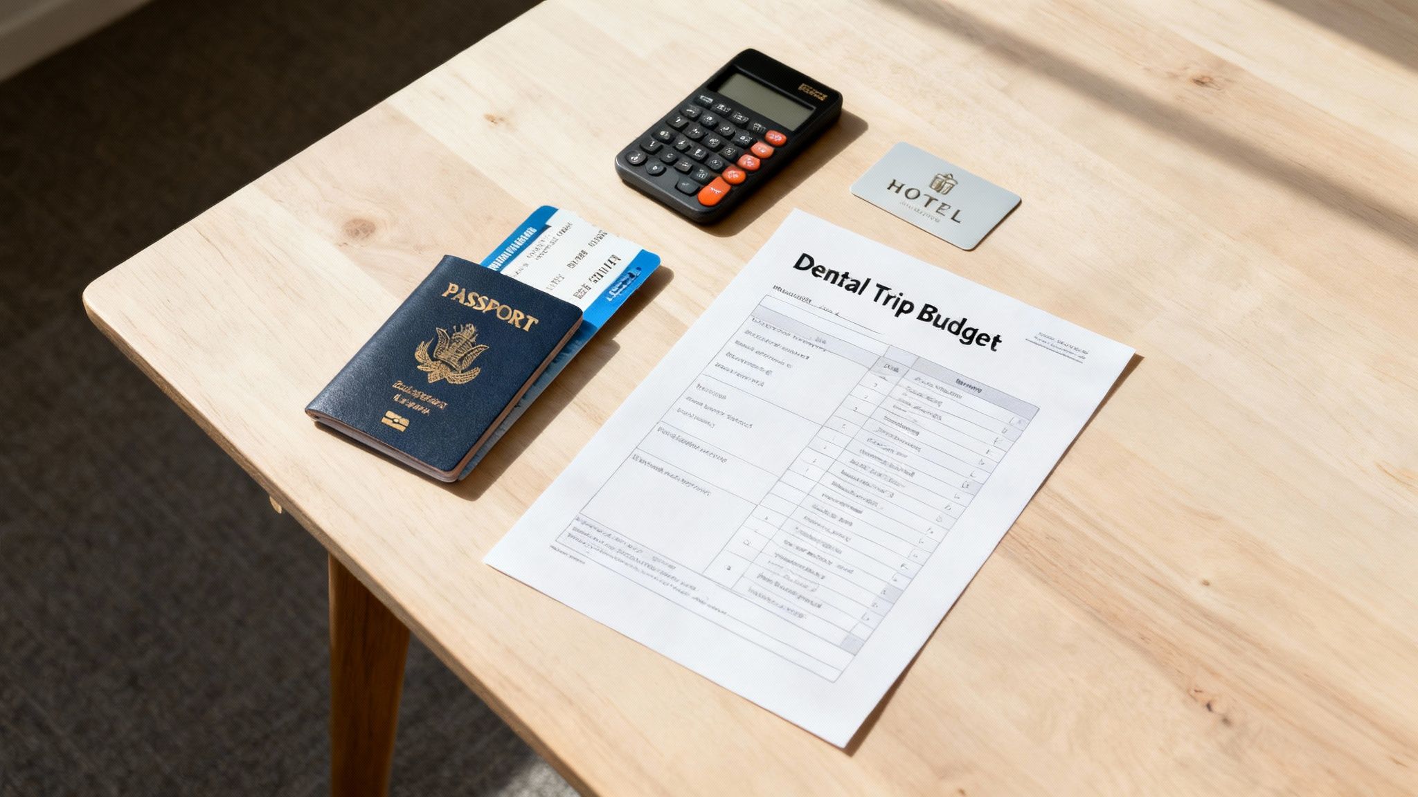 A dental trip budget document, passport, plane tickets, calculator, and hotel key card on a wooden table.