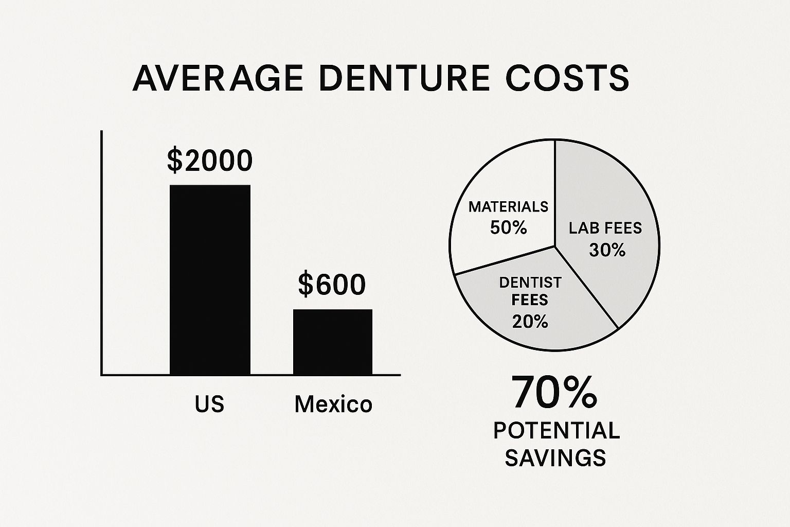 An infographic comparing the average cost of dentures in the U.S. versus Mexico, showing a bar graph of $2000 vs. $600, and a pie chart of cost composition.