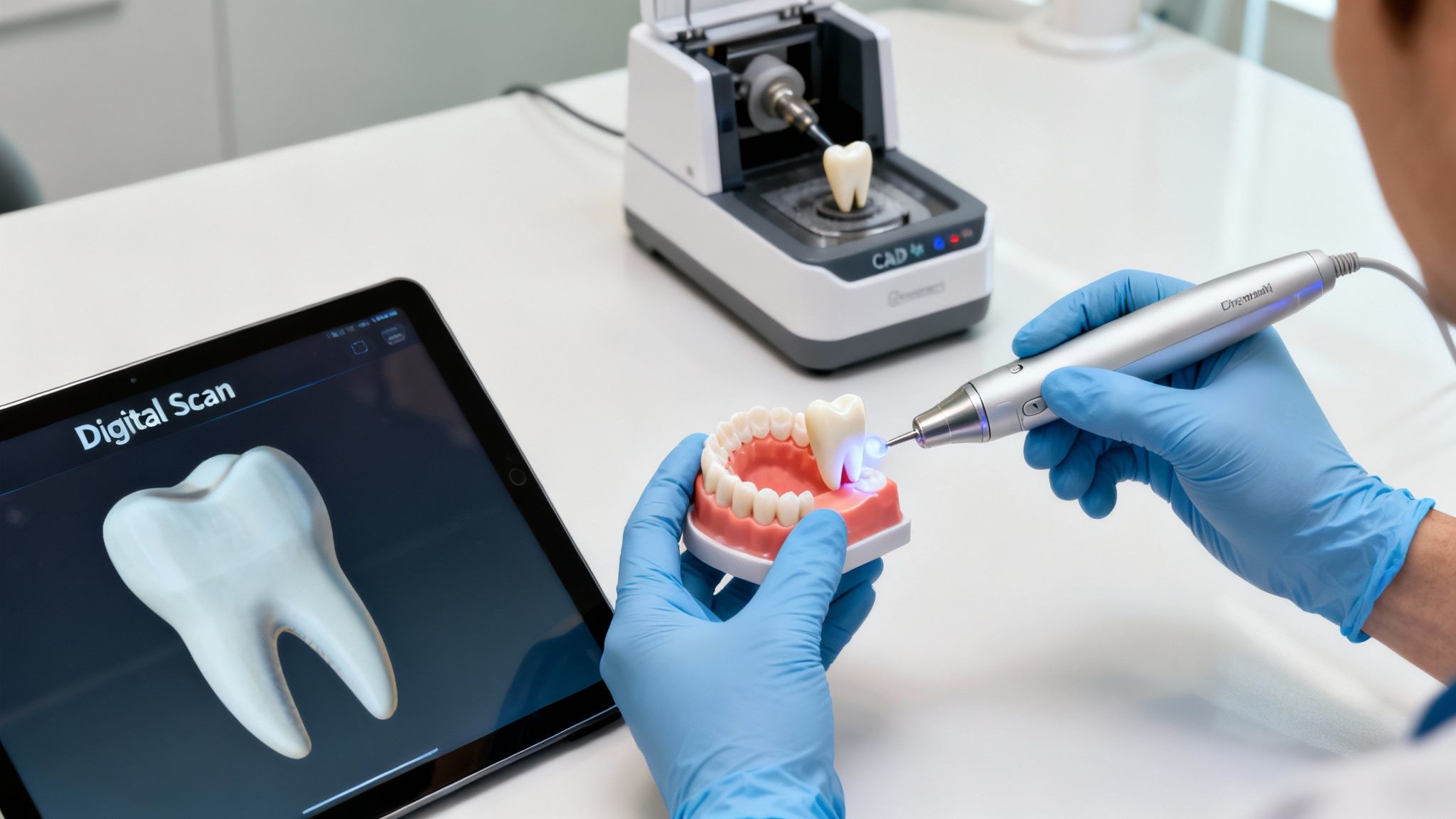 A gloved dentist uses a digital intraoral scanner on a dental model, with a tablet displaying a tooth scan and a milling machine nearby.