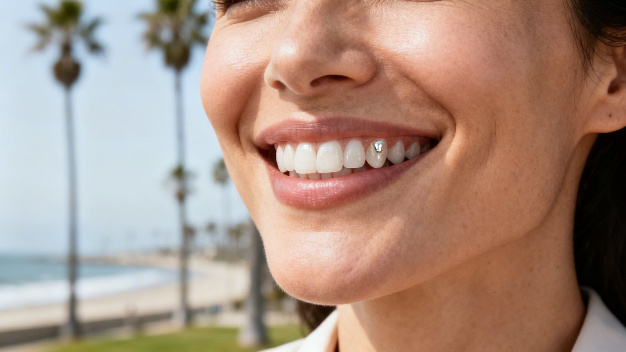 Close-up of a smiling woman with a sparkling tooth gem on her front tooth, at a beach.