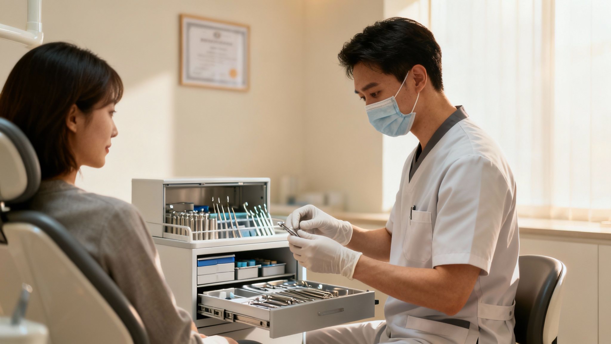 A male dentist in a mask and gloves prepares tools for a female patient in a dental office.