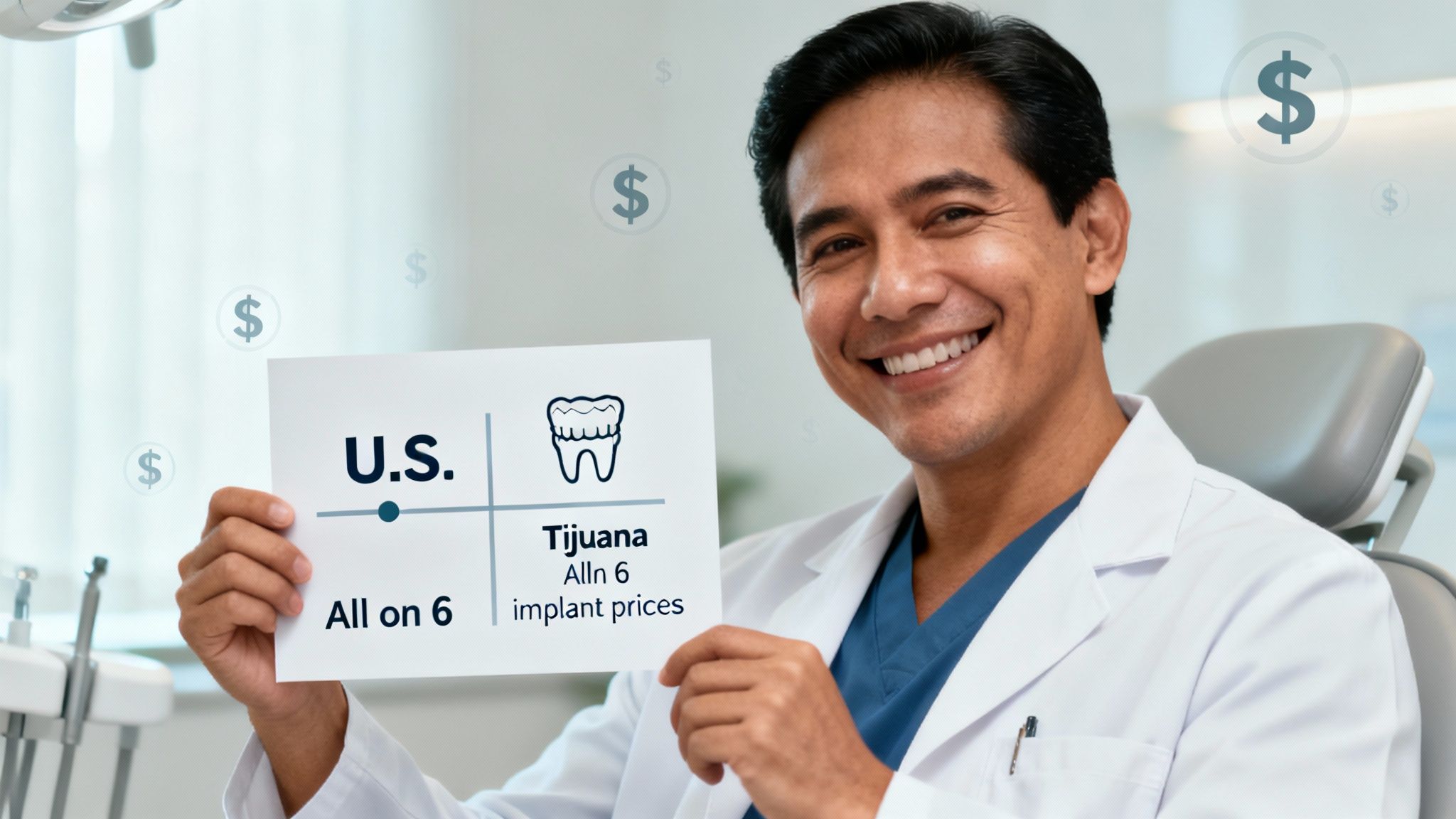 A person smiling, showing off their new dental implants, with text overlaying the image that reads 'Affordable Dental Implants in Tijuana'.