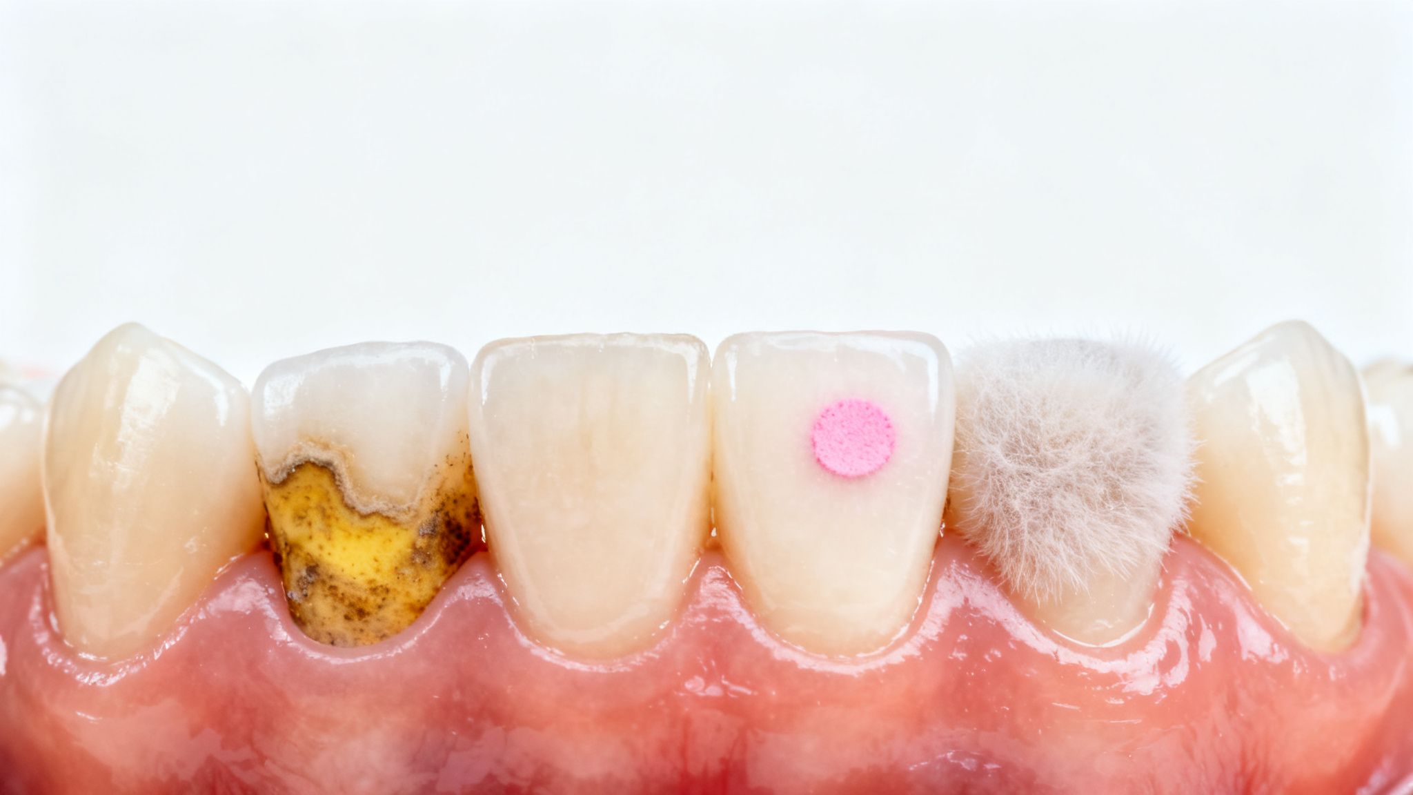 Detailed view of teeth showing various conditions including plaque, a pink dot, and fuzzy microbial growth.