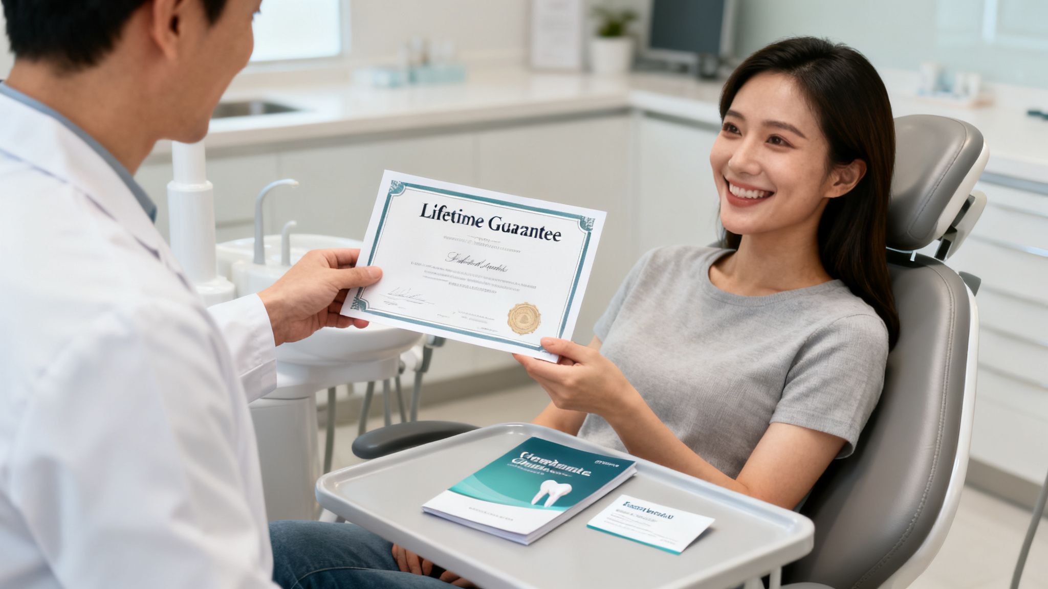 A happy woman receives a Lifetime Guarantee certificate from a male dentist in a modern dental clinic.