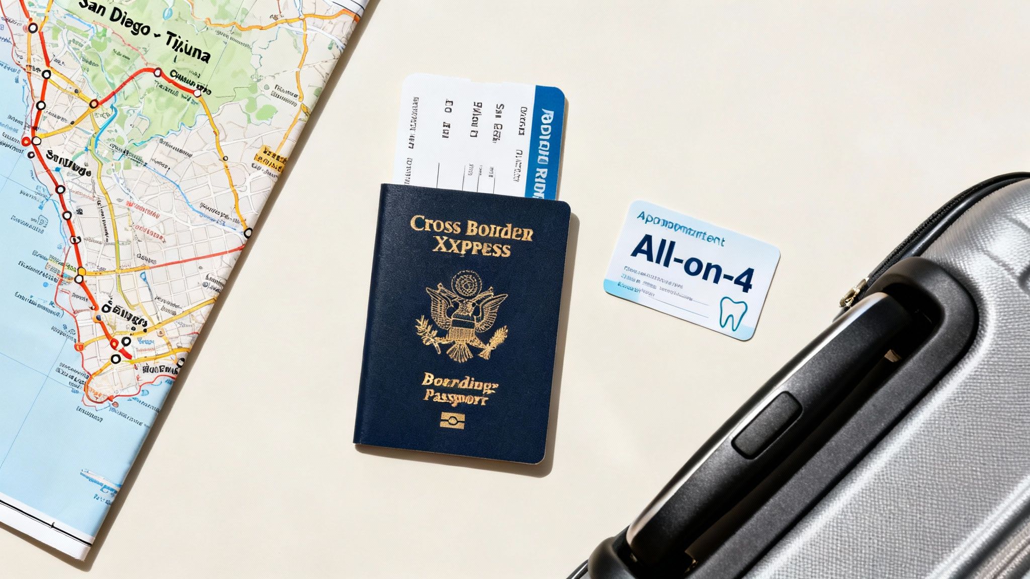 Flat lay showing a US passport, boarding pass, map, and an 'All-on-4' dental appointment card.