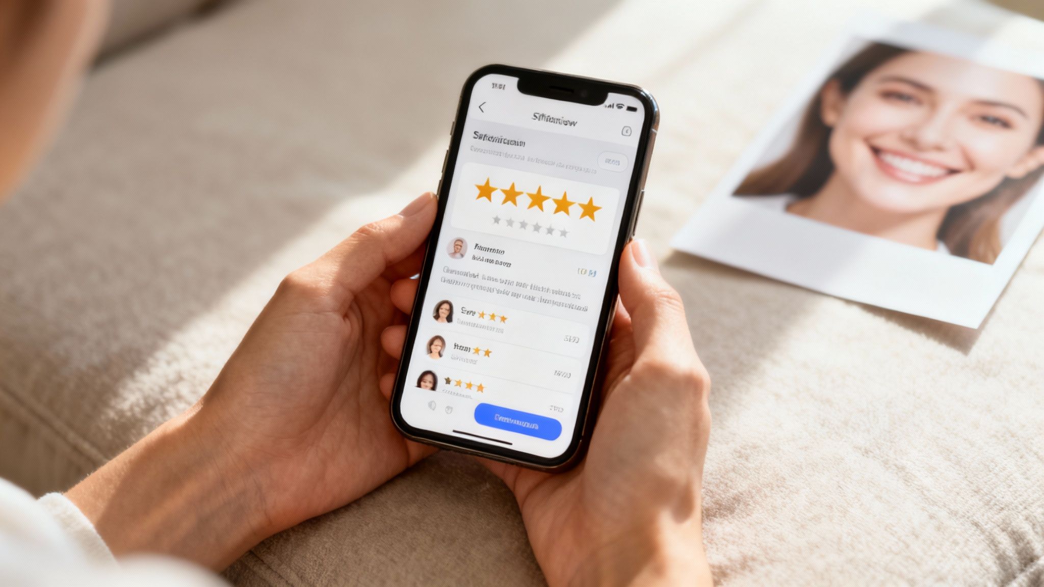 Close-up of hands holding a smartphone displaying a customer review app with star ratings.