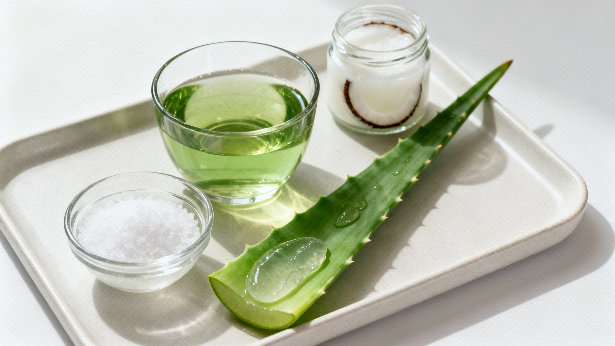 A close-up of natural ingredients: aloe vera leaf with gel, green liquid, white salt, and coconut oil.