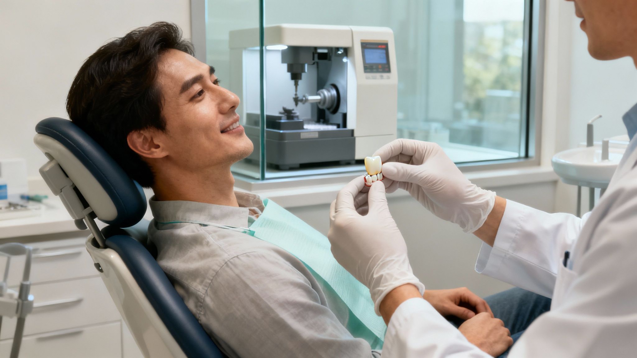 A patient smiling in a modern, clean dental chair, with a friendly dentist nearby.