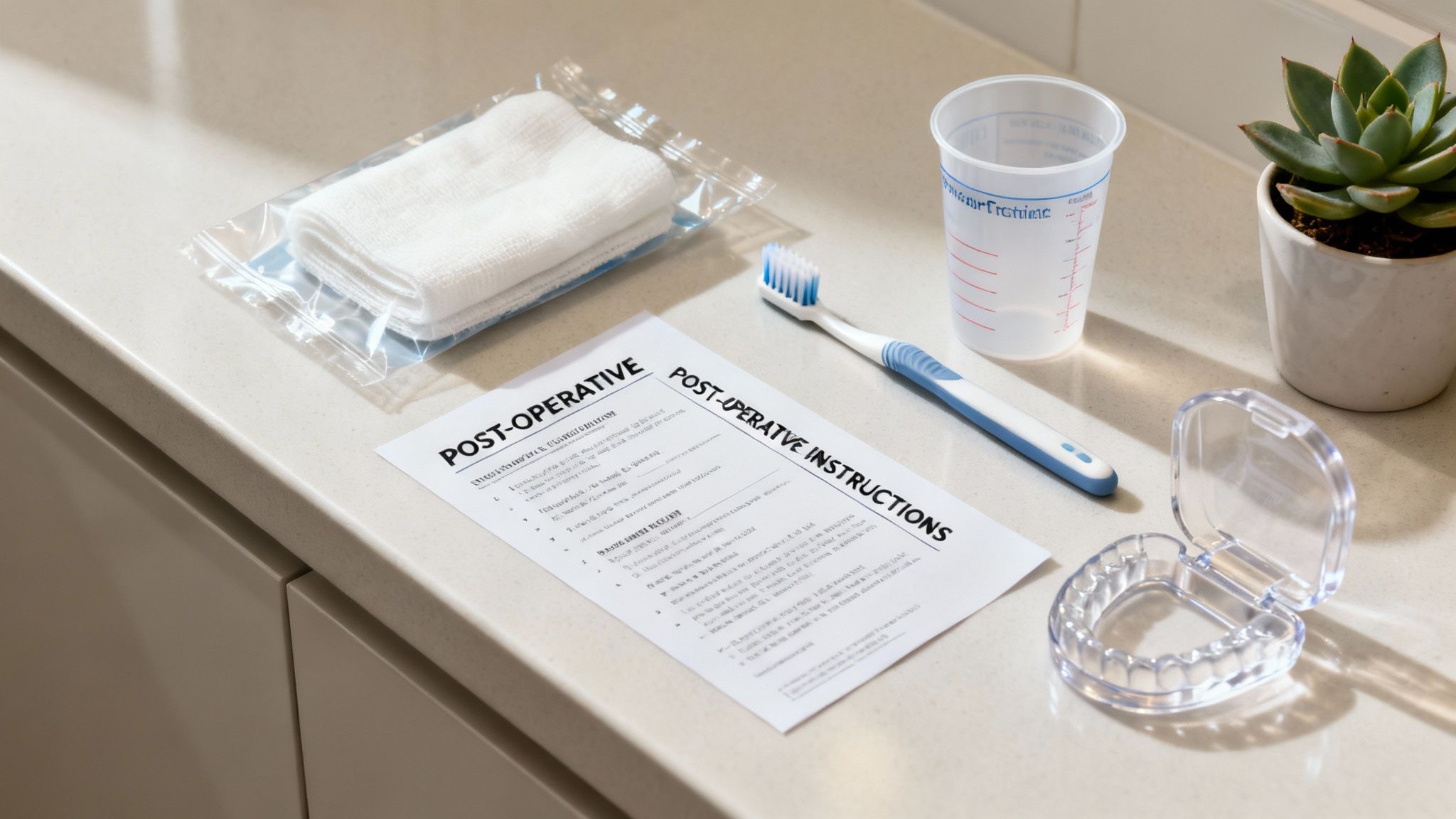 A post-operative dental care kit with instructions, toothbrush, retainer, towels, and measuring cup on a counter.
