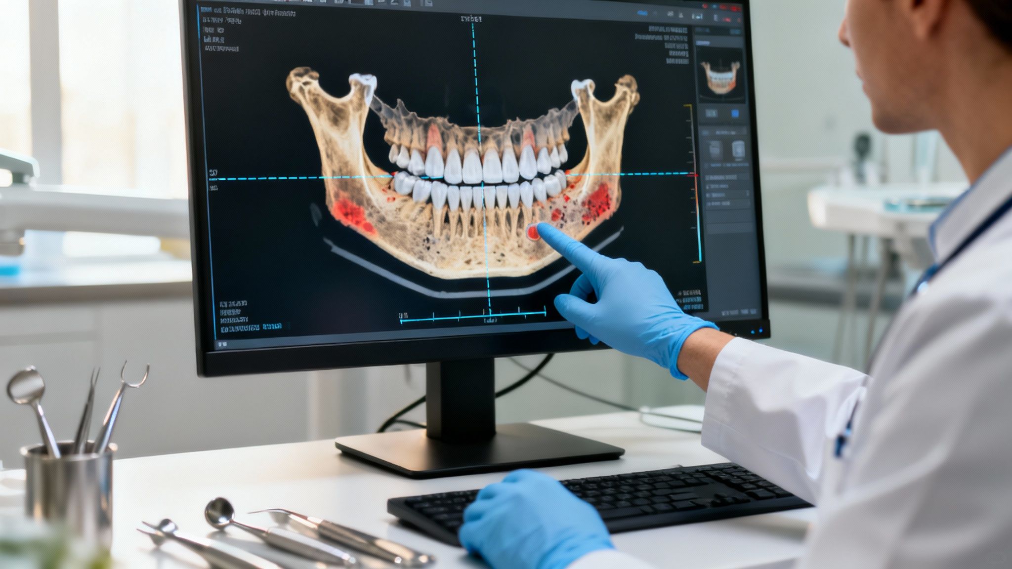 Dentist examining 3D dental scan on computer, showing jawbone and teeth with areas of concern.