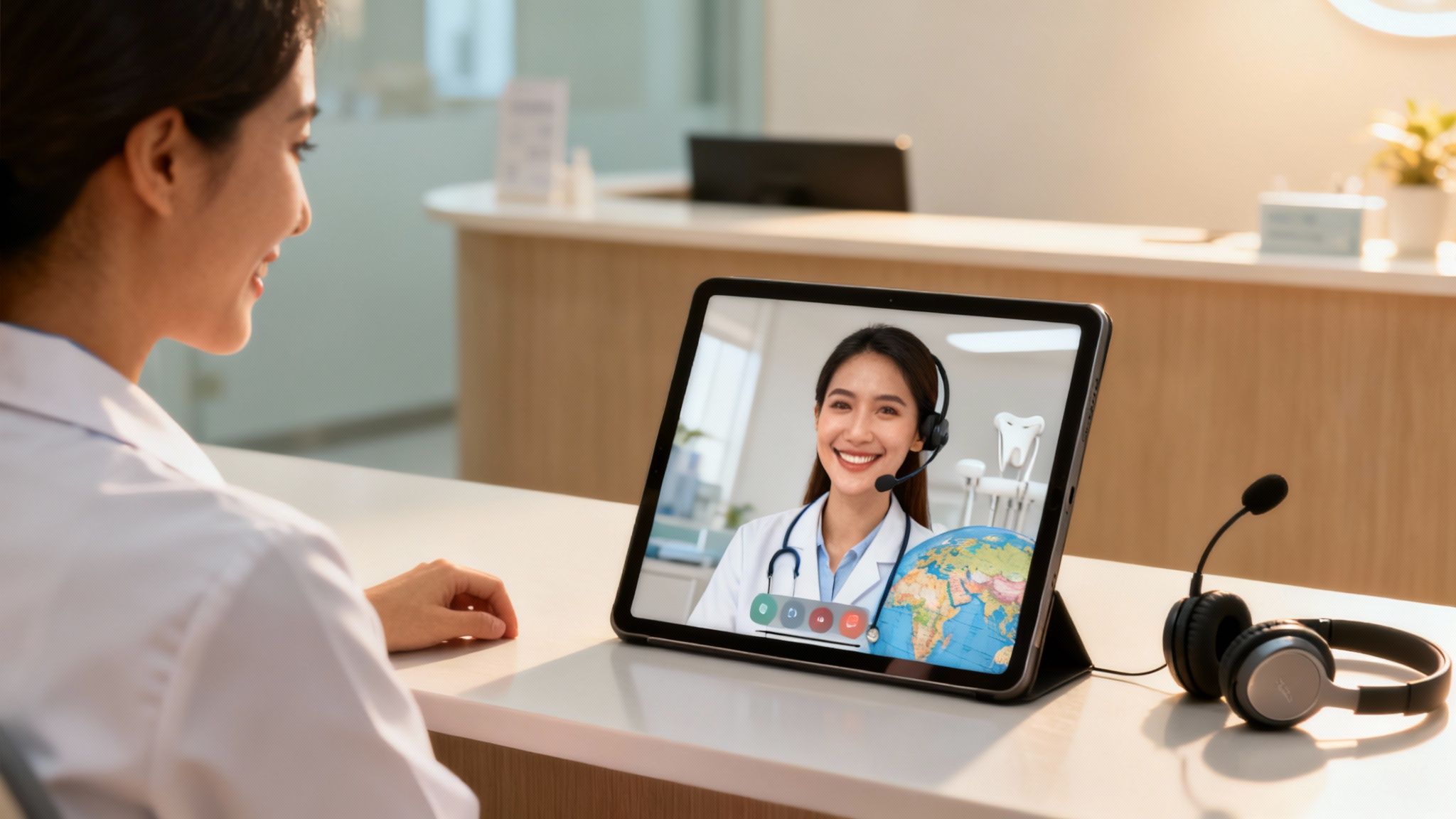 A healthcare professional participates in a virtual medical consultation on a tablet with another doctor.