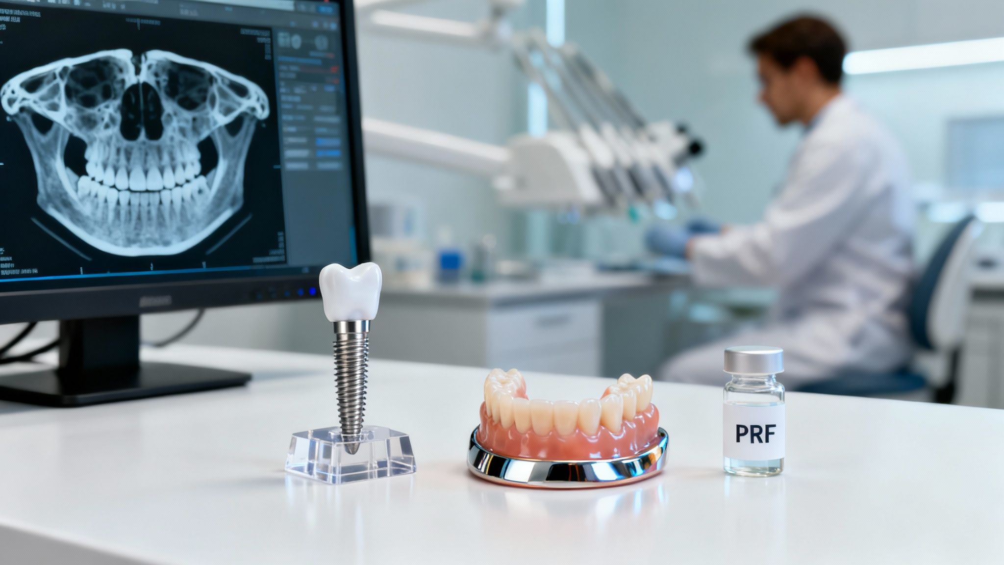 Dental clinic scene featuring a panoramic X-ray, tooth implant model, dentures, and PRF vial.