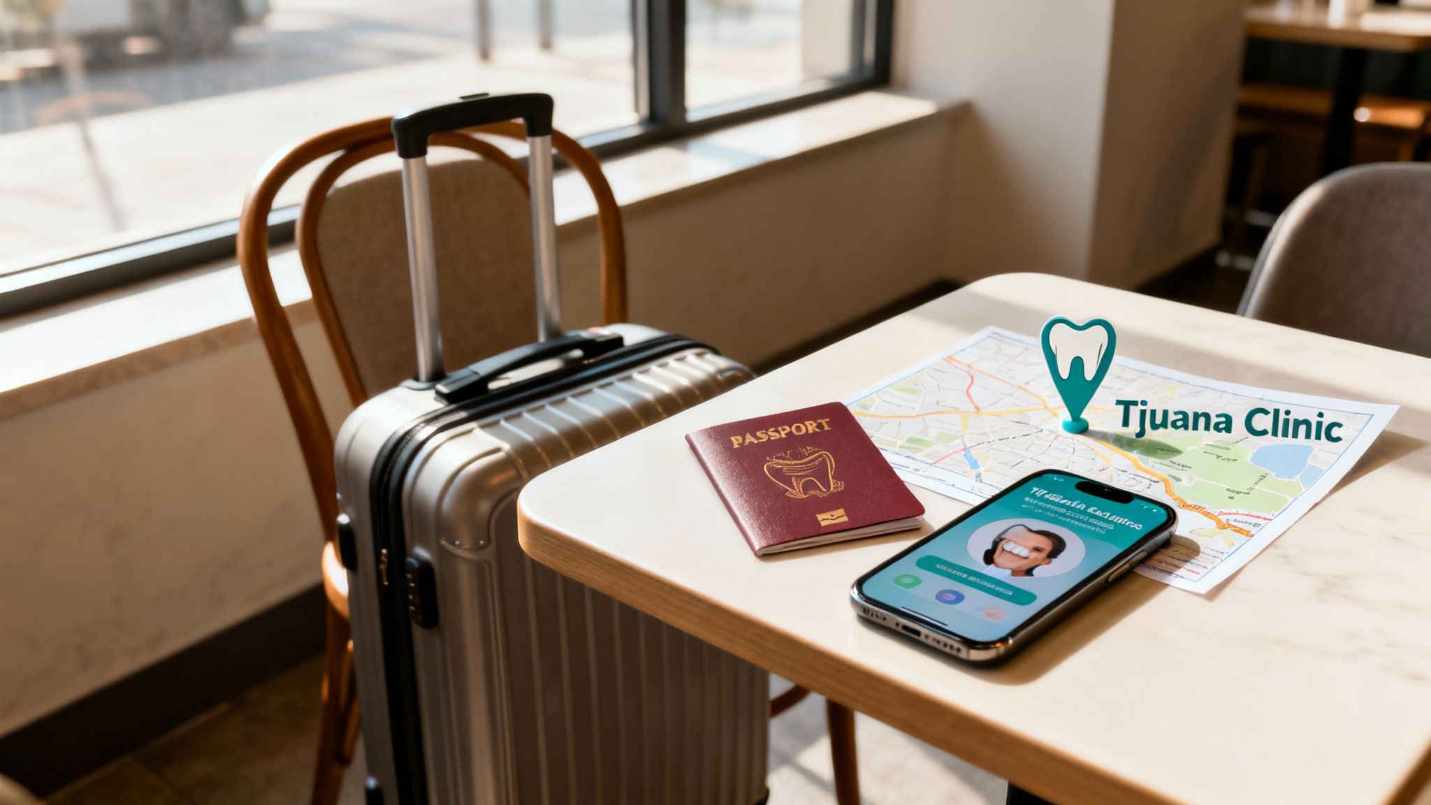 A passport, map to Tijuana Clinic with a tooth pin, phone showing a bright smile, and suitcase, indicating dental tourism.