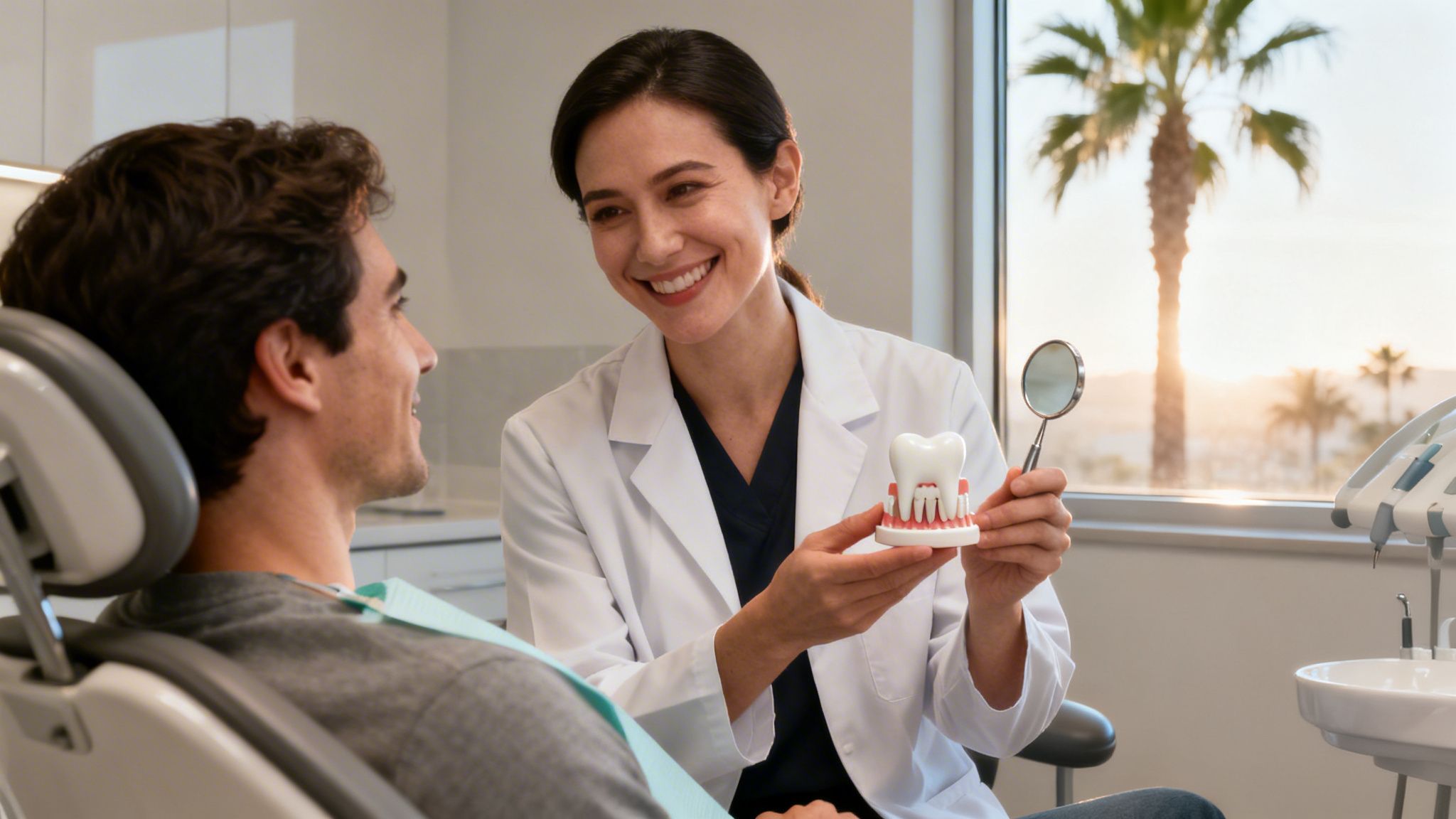 A smiling female dentist explains oral health to a male patient using a tooth model.