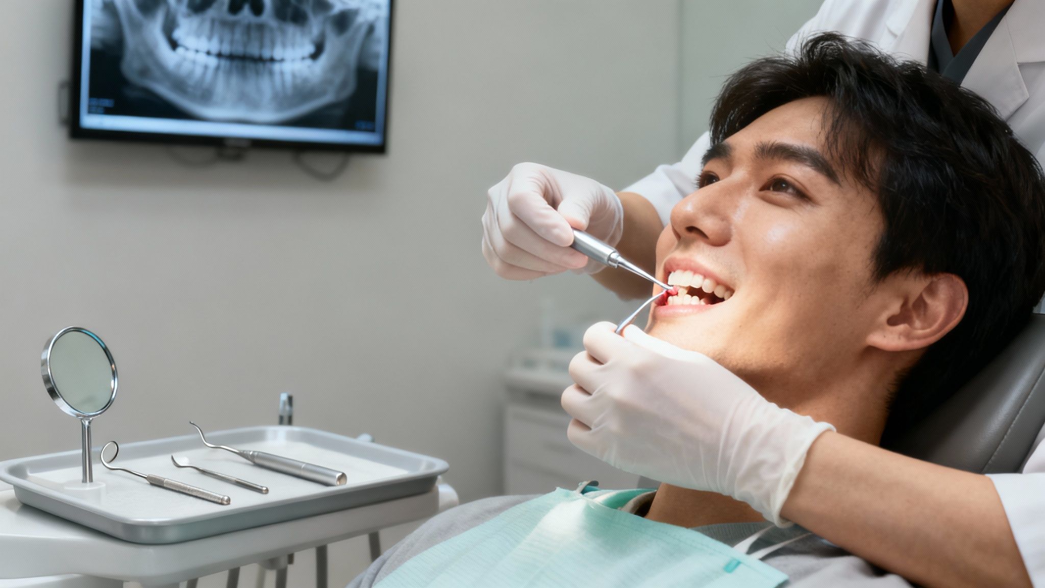 Young Asian man receiving dental examination from dentist in modern clinic office