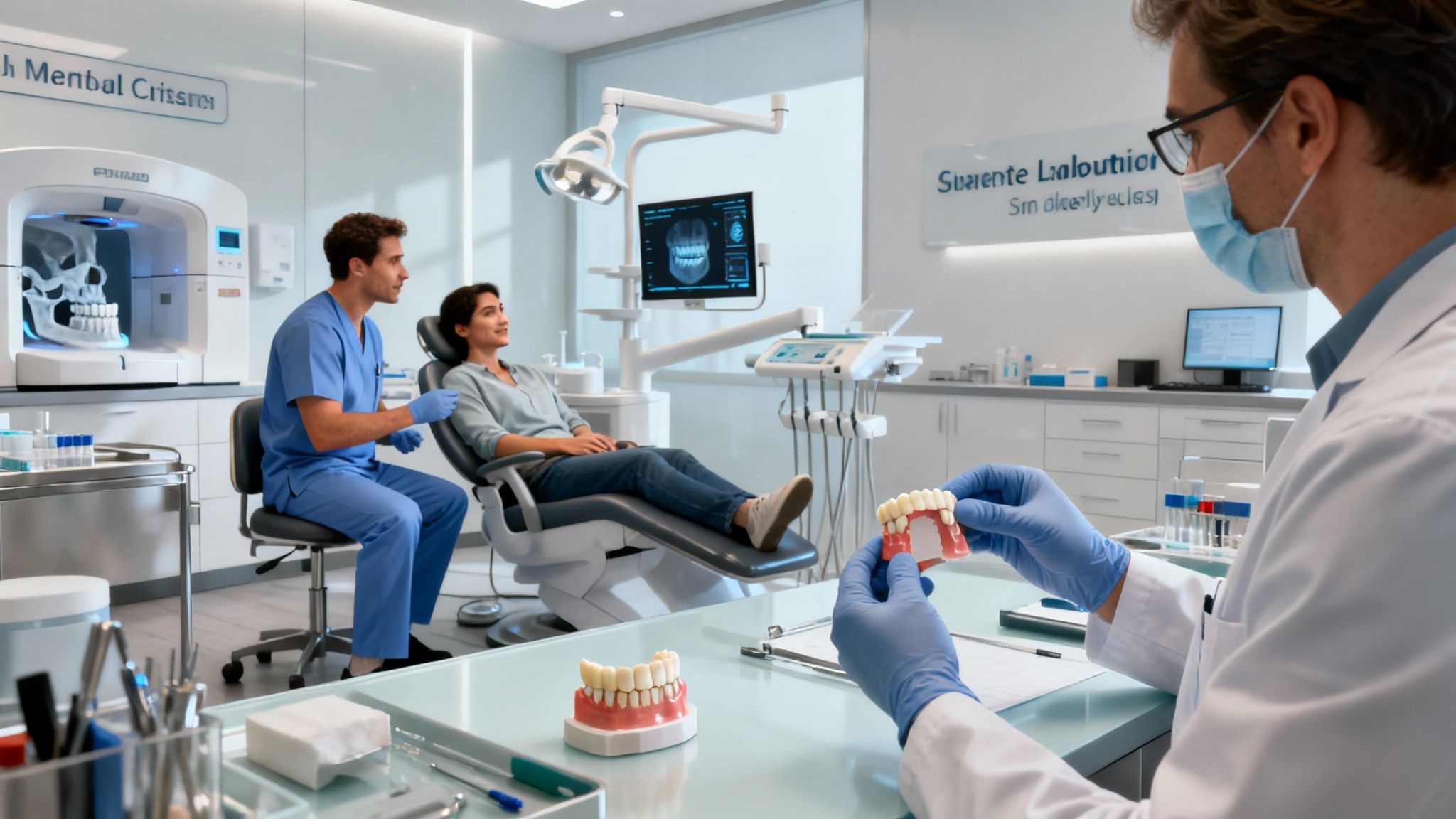 Dentist explains dental procedure with a model to a patient in a modern clinic with an assistant.