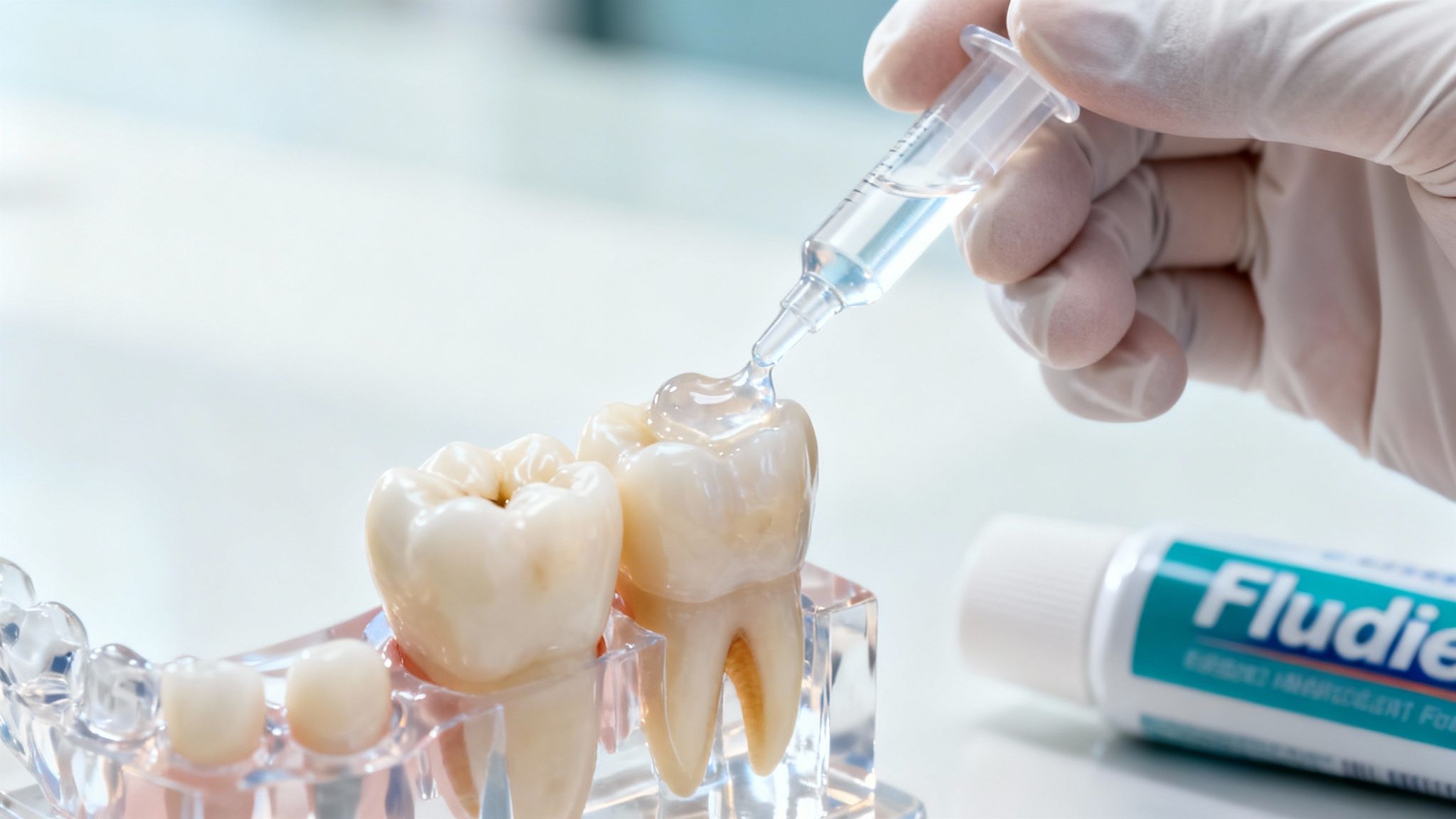 Dentist applying fluoride treatment to a patient's teeth.