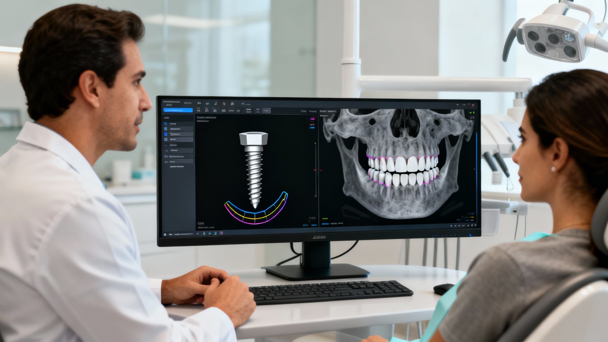 Dentist and patient review a computer screen showing a 3D dental implant model and a jaw x-ray.