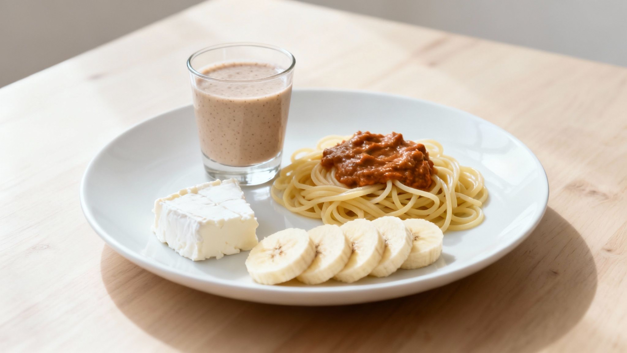 Balanced meal plate with spaghetti bolognese, cottage cheese, banana slices, and protein smoothie