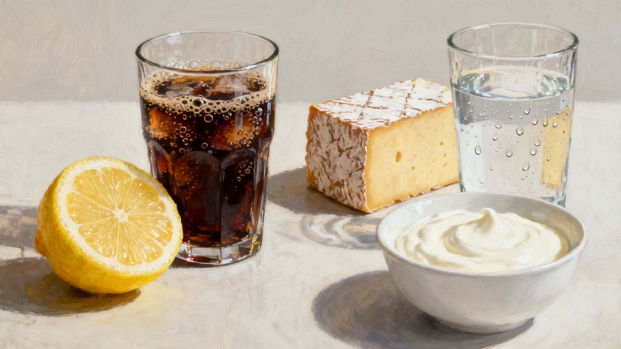 A still life painting featuring a cut lemon, cola, cheese, water, and a bowl of cream.