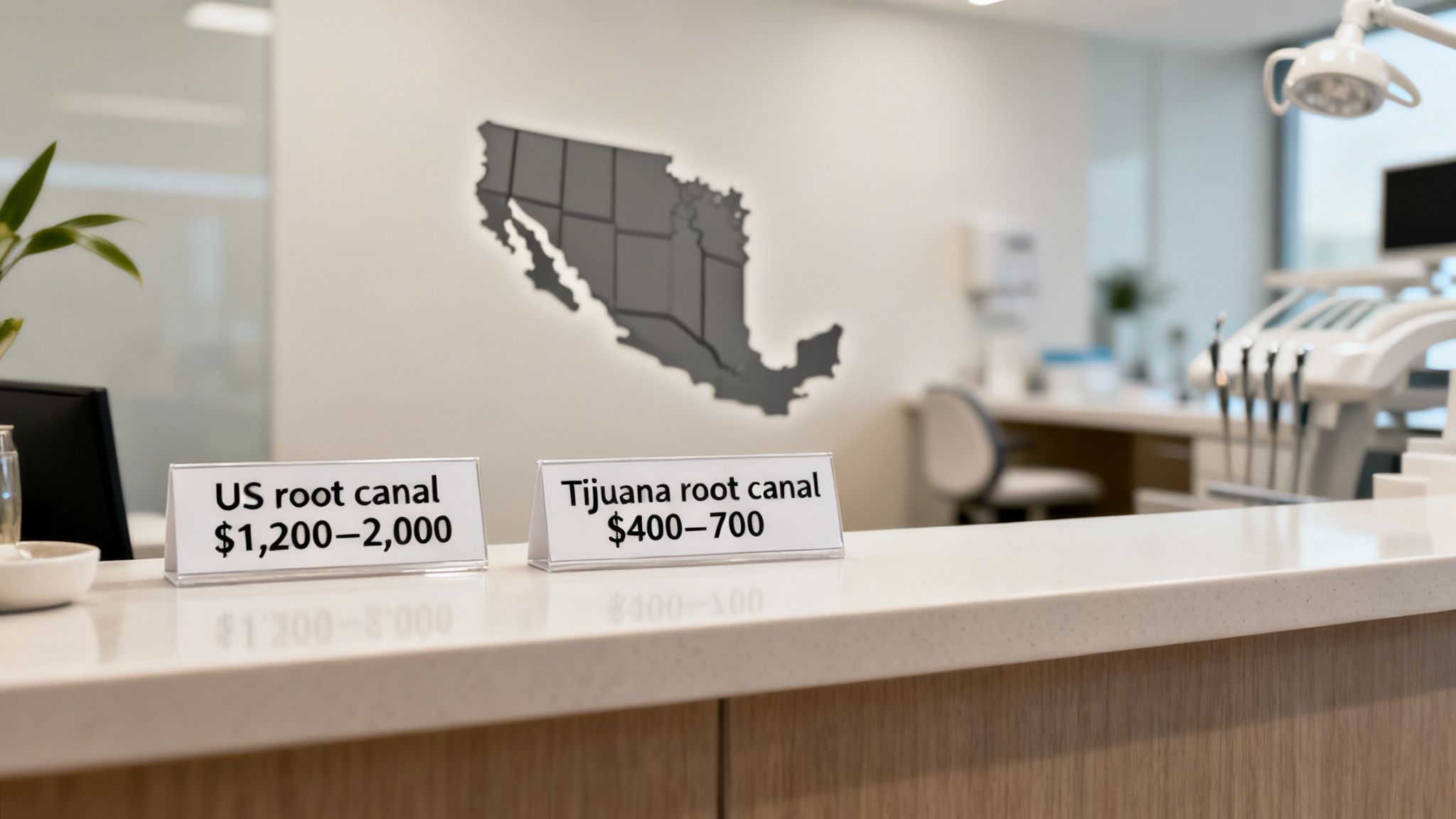 Signs comparing US and Tijuana root canal prices in a bright, modern dental office.