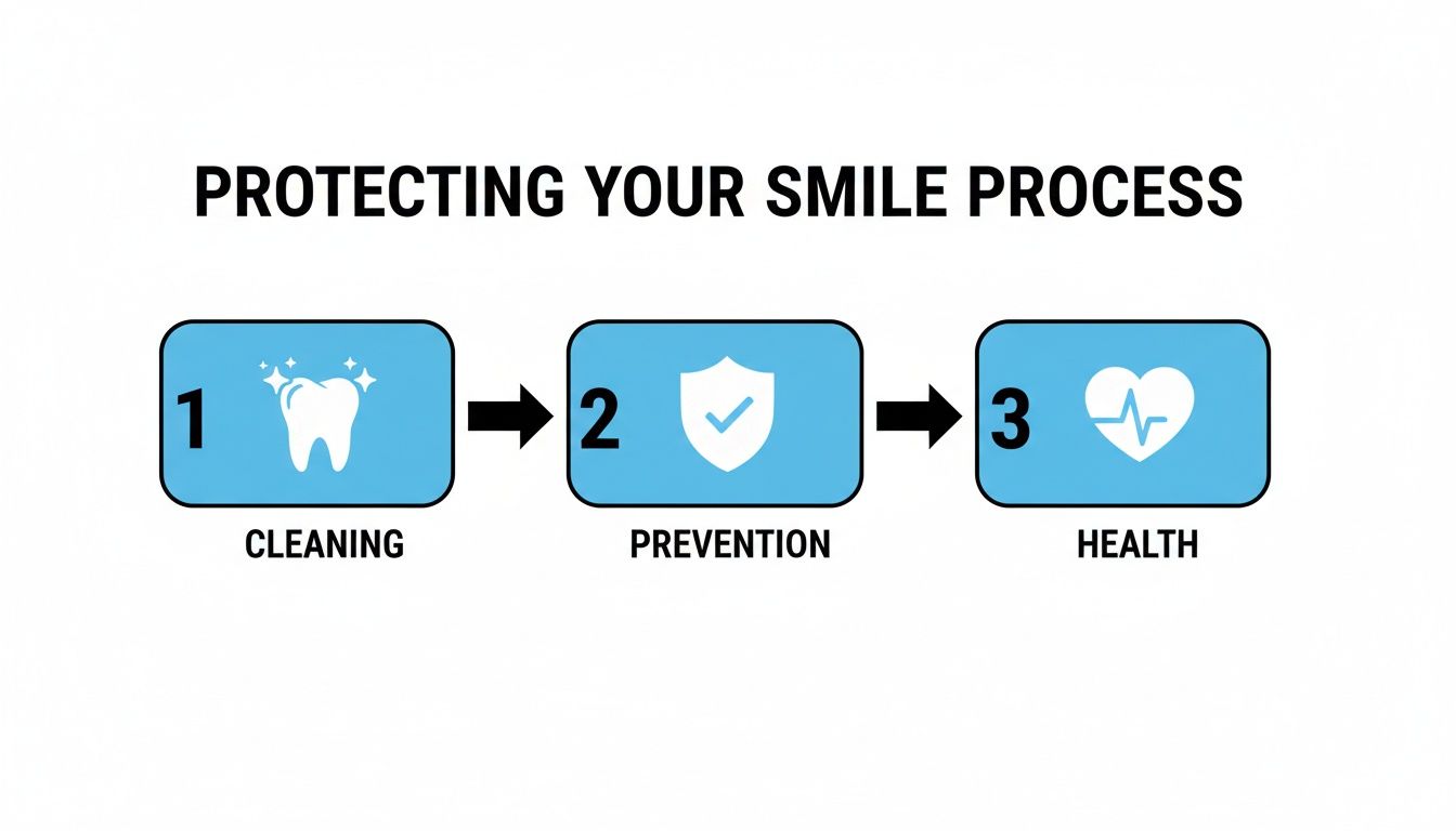 A three-step process diagram illustrating protecting your smile through cleaning, prevention, and health.