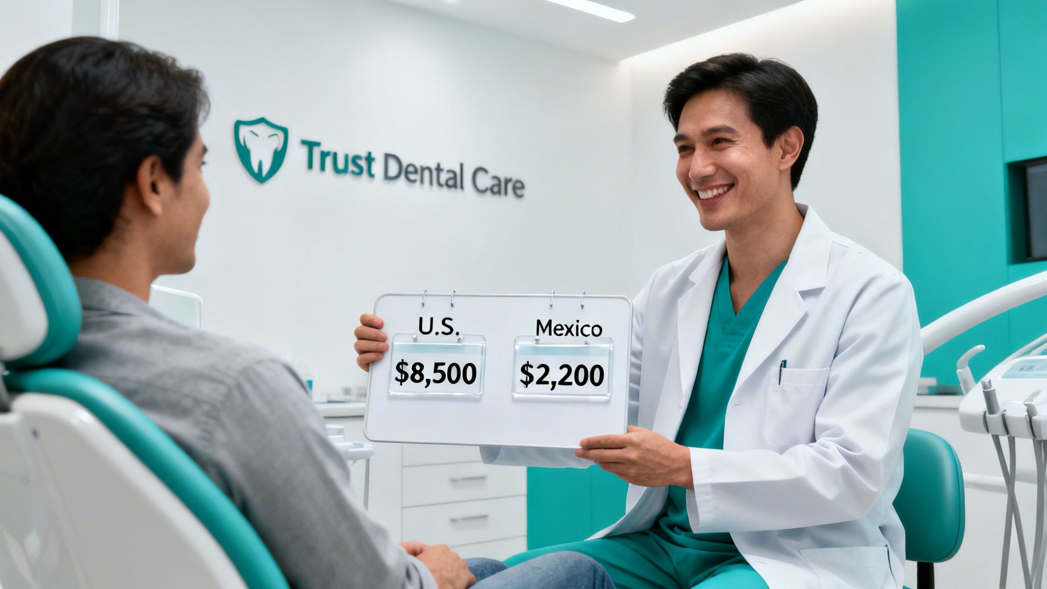 A smiling dentist shows a patient a whiteboard comparing dental costs in the U.S. ($8,500) and Mexico ($2,200).