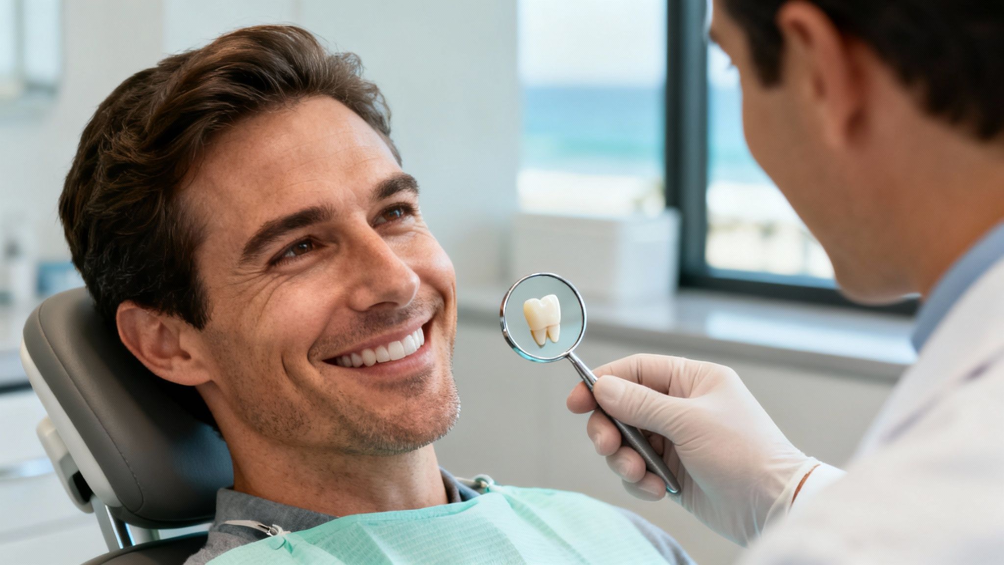 Happy man in dental chair looking at a tooth model in a dentist's mirror.