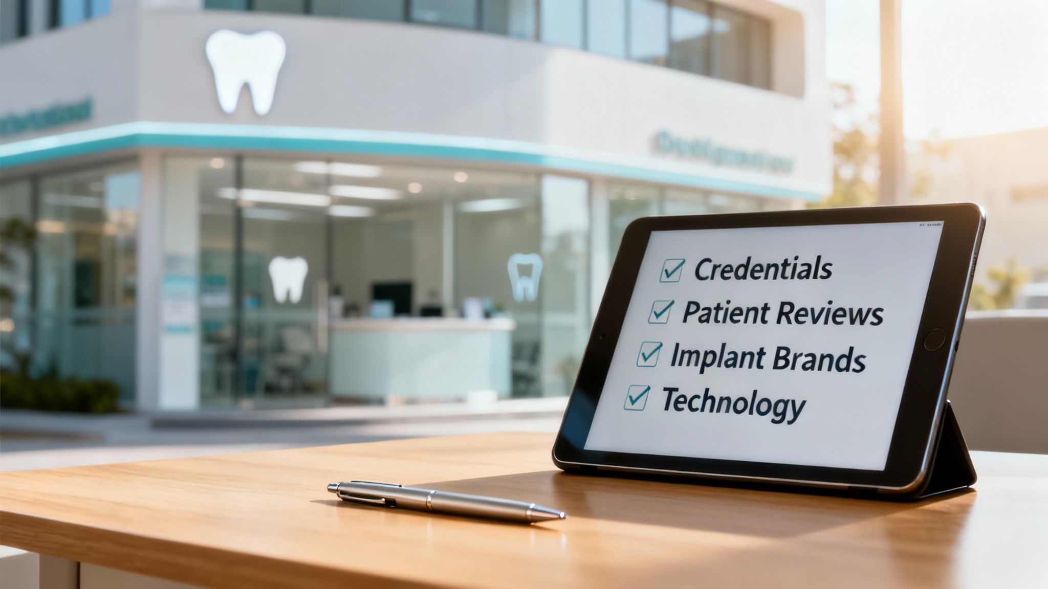 A dentist showing a patient a model of dental implants in a professional clinic setting.