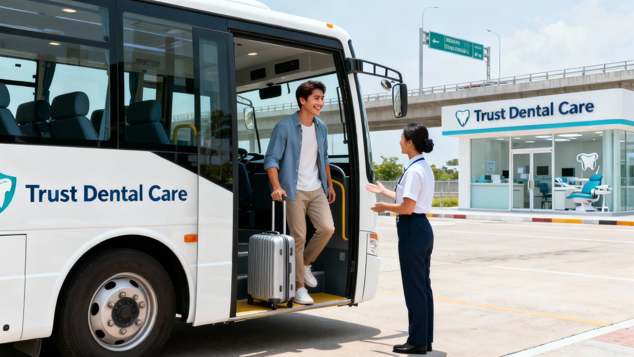 Man with luggage exiting a Trust Dental Care bus, greeted by staff at a dental clinic.
