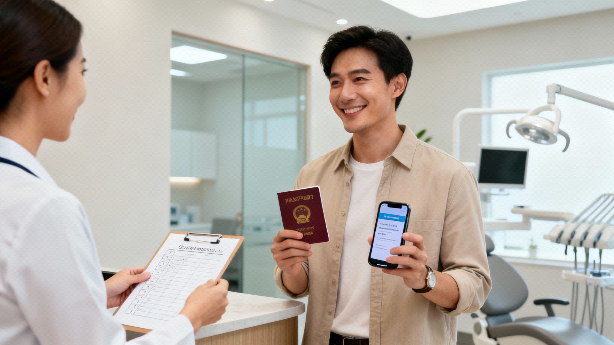 A smiling man presents his passport and smartphone with a health app to a nurse at a clinic reception.