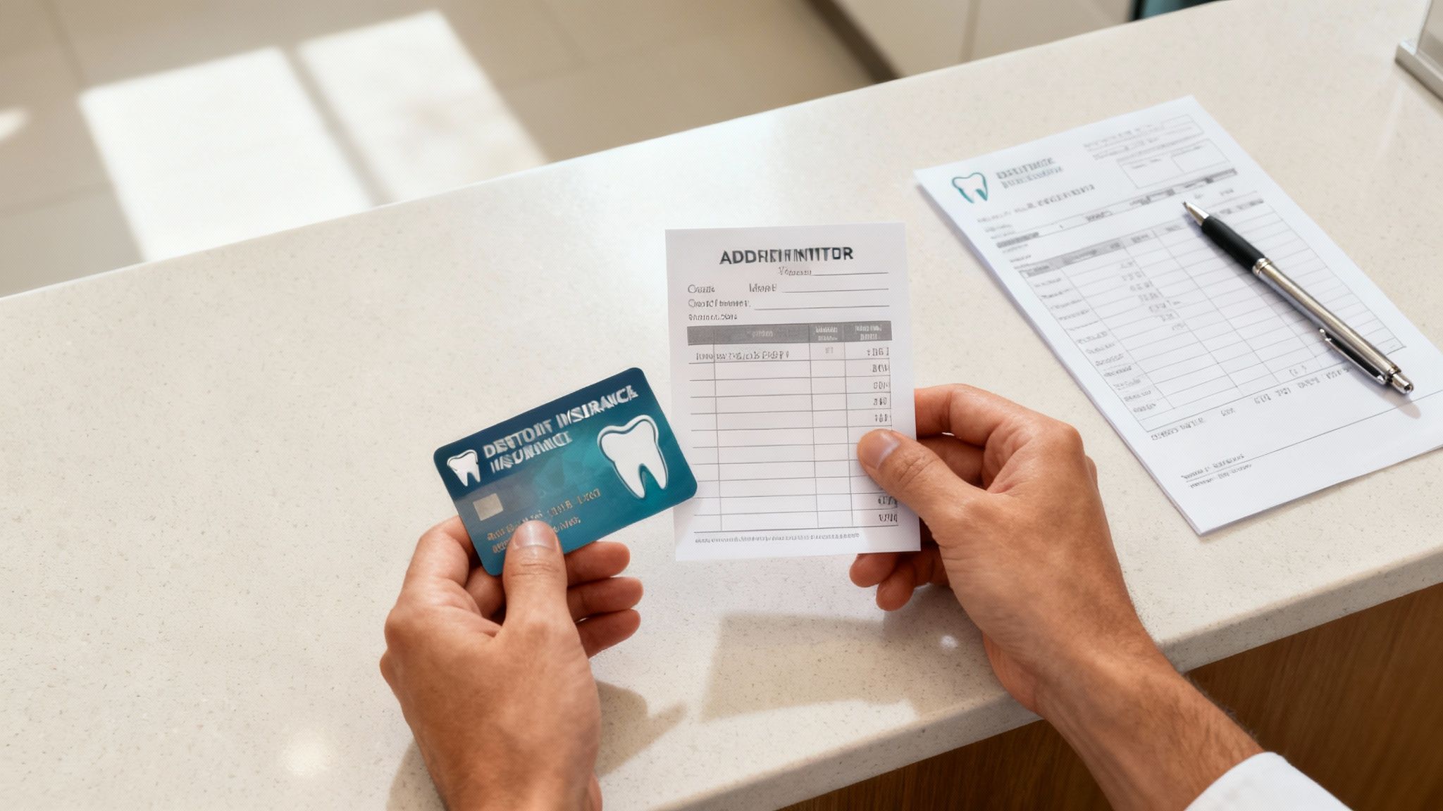 Person holding dental insurance card reviewing treatment invoice and payment documents at desk